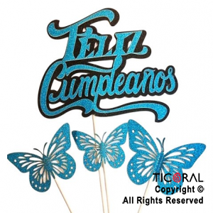 CAKE TOPPER MARIPOSA FELIZ CUMPLEAOS CELESTE Y NEGRO GIBRE CON PINCHE X 1